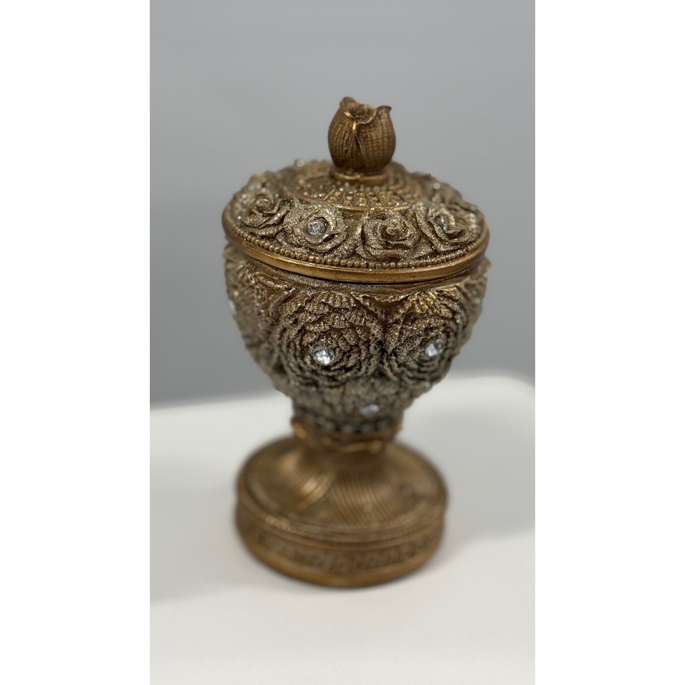 Vintage Style Gold Rose Trinket Box Rhinestone Jeweled Chalice Jar with Lid 7in